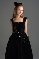 IHF STUDIO • Black Lyon Velvet Crystal-Embellished A-Line Midi Dress
