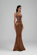 Brown Emi Set with Corset top & Maxi Skirt for women, from Huelley Rose, The Viet Concept 