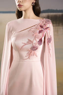 TRACY COUTURE • Keyhole Bodice Floral Cape Flared Taffeta Gown