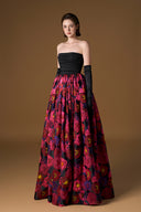 Strapless Bustier Black & Pink Floral Jacquard Ball Gown in Taffeta for women, from IHF ATELIER, The Viet Concept