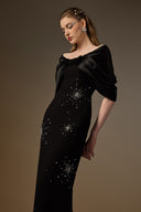 IHF ATELIER • V Neck Draped Crystal-Embellished Black Crepe Column Gown