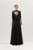 Shyvana Gilded Plunge Feather Gown for women, from JOSEPHINE, The Viet Concept 