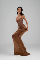 Brown Emi Set with Corset top & Maxi Skirt for women, from Huelley Rose, The Viet Concept 
