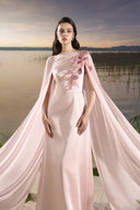 TRACY COUTURE • Keyhole Bodice Floral Cape Flared Taffeta Gown