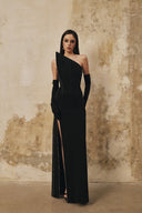 L' SCARLETT • Pointed Bust Crystal-Beaded Silk Draped Maxi Dress