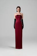 Dark Red Strapless Bustier Column Silk Satin Shimmer Bow Gown for women, from IHF ATELIER, The Viet Concept