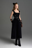 IHF STUDIO • Black Lyon Velvet Crystal-Embellished A-Line Midi Dress