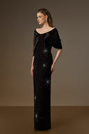 IHF ATELIER • V Neck Draped Crystal-Embellished Black Crepe Column Gown