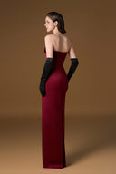 Dark Red Strapless Bustier Column Silk Satin Shimmer Bow Gown for women, from IHF ATELIER, The Viet Concept