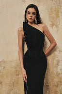 L' SCARLETT • Pointed Bust Crystal-Beaded Silk Draped Maxi Dress
