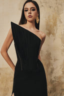 L' SCARLETT • Pointed Bust Crystal-Beaded Silk Draped Maxi Dress