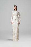 White Sequin Lace Column Gown Round Neck Taffeta Belt Evening Dress for women, from IHF ATELIER, The Viet Concept 