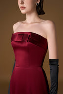 Dark Red Strapless Bustier Column Silk Satin Shimmer Bow Gown for women, from IHF ATELIER, The Viet Concept