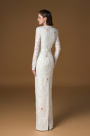 White Sequin Lace Column Gown Round Neck Taffeta Belt Evening Dress for women, from IHF ATELIER, The Viet Concept 