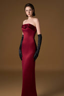 Dark Red Strapless Bustier Column Silk Satin Shimmer Bow Gown for women, from IHF ATELIER, The Viet Concept