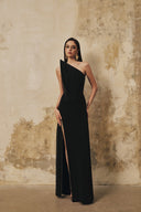 L' SCARLETT • Pointed Bust Crystal-Beaded Silk Draped Maxi Dress