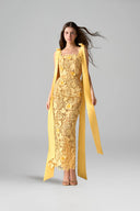 Yellow Jardin Embellished Lace Midi Column Dress for women, from IHF STUDIO, The Viet Concept 