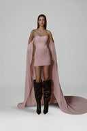 L' SCARLETT • Rosé Crystal-Embellished Pleated Off-Shoulder Chiffon Mini Dress