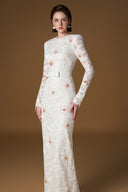 White Sequin Lace Column Gown Round Neck Taffeta Belt Evening Dress for women, from IHF ATELIER, The Viet Concept 