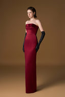 Dark Red Strapless Bustier Column Silk Satin Shimmer Bow Gown for women, from IHF ATELIER, The Viet Concept