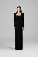 Black Crepe de Chine Column Gown Crystal Trapeze Neck for women, from IHF ATELIER, The Viet Concept