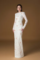 White Sequin Lace Column Gown Round Neck Taffeta Belt Evening Dress for women, from IHF ATELIER, The Viet Concept 