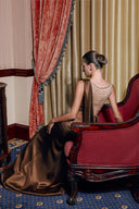 THÉSONG • Brown Sheer Draped Column Evening Gown