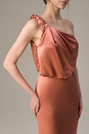 Orange Satin Silk One-Shoulder Twisted Bustier Gown for women, from IHF ATELIER, The Viet Concept