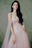Harmonic Crystal Off-Shoulder Midi Dress in Blush Pink for women, from LINH PHUNG, The Viet Concept