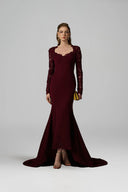 IHF ATELIER • Burgundy Trapeze Neck Mermaid Gown with Floral Lace