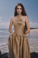 The Wood Moon Brooch Taffeta A-Line Midi Dress for women, from LINH PHUNG, The Viet Concept