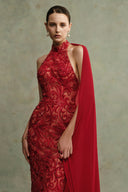 Velora Scarlet Mirage Embellished Mermaid Gown With Cape for women, from DUONG ATELIER, The Viet Concept
