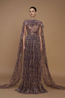Bottle Neck Purple Tie-Dye Metallic Chiffon A-Line Gown Ruffle Train for women, from IHF ATELIER, The Viet Concept 