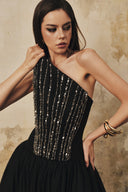 L' SCARLETT • Flared Pointed-Bust Crystal-Embellished Maxi Gown