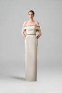 IHF ATELIER • Rose Brocade Off-Shoulder Column Gown With Pearl Embellishment