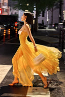 HUELLEY ROSE • Liane Golden Yellow Silk Organza Bow-Bodice A-Line Maxi Dress
