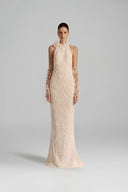 HA THANH VIET • Crystal Embellished Sequin Knit Chiffon-Inspired Evening Dress
