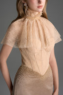 IHF STUDIO • Vine Guipure Lace & Silk Taffeta Bustier Midi Dress with Mini Cape
