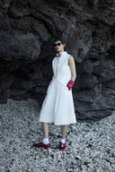 Ivory Boxy Cotton Blend Shirt with Red Button Accents & Cut-Out Detail for women, from CAOSTU, The Viet Concept