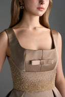 IHF STUDIO • Vine Guipure Lace & Silk Taffeta Bustier Midi Dress with Mini Cape
