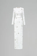 White Sequin Lace Column Gown Round Neck Taffeta Belt Evening Dress for women, from IHF ATELIER, The Viet Concept 