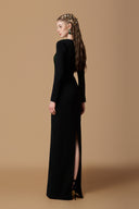 Black Crepe de Chine Column Gown Crystal Trapeze Neck for women, from IHF ATELIER, The Viet Concept