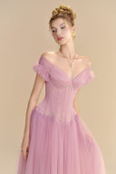 LINH PHUNG • Brumelle Crystal Bow Off-Shoulder Tulle Midi Dress
