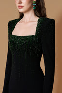 Black Crepe de Chine Column Gown Crystal Trapeze Neck for women, from IHF ATELIER, The Viet Concept
