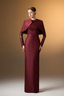 IHF ATELIER • Crimson Bamboo Taffeta & French Lace Column Evening Gown with Mini Cape