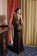 THÉSONG • Brown Sheer Draped Column Evening Gown