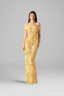 Yellow Jardin Beaded Lace Off-Shoulder Column Gown for women, from IHF STUDIO, The Viet Concept 