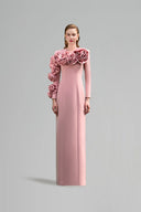 Pastel Pink Column Evening Gown With Draped Rose Sleeves for women, from IHF ATELIER, The Viet Concept