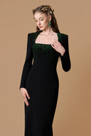Black Crepe de Chine Column Gown Crystal Trapeze Neck for women, from IHF ATELIER, The Viet Concept