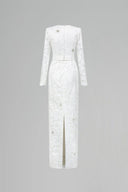White Sequin Lace Column Gown Round Neck Taffeta Belt Evening Dress for women, from IHF ATELIER, The Viet Concept 